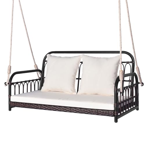 DORTALA 2-Person Porch Swing Outdoor, Patio Wicker Hanging Swing Bench with Cushions, Metal Frame, Ropes, 880 LBS Capacity, Rattan Swing Loveseat for Garden Poolside Backyard, Mix Brown+Off White