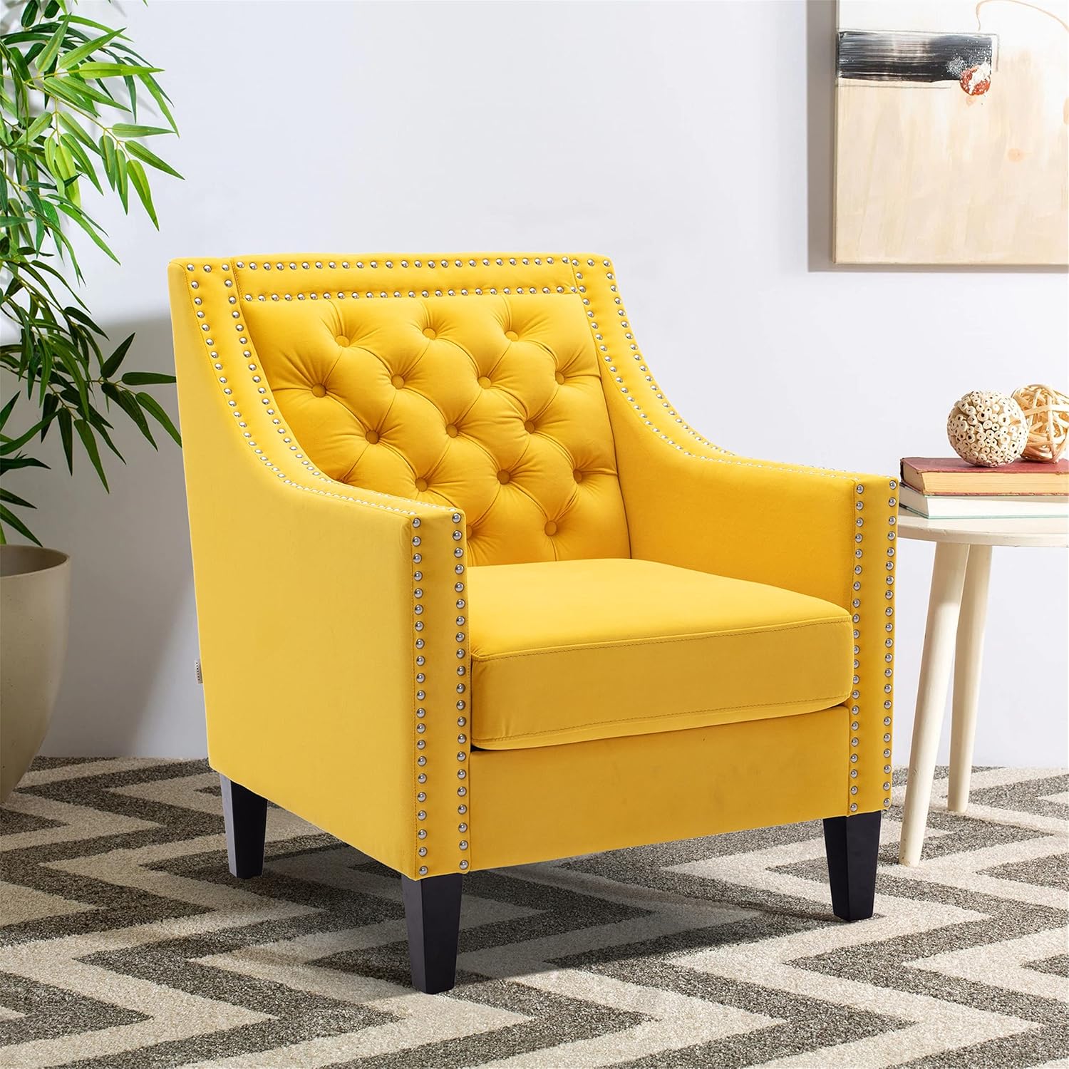 Yellow Velvet Accent Chairs for Living Room- Mid Century Modern Armchair Sofa Chair sillones para sala dormitorio Upholstered Wingback Arm Chair Comfy Reading Chair Bedroom with Wood Legs