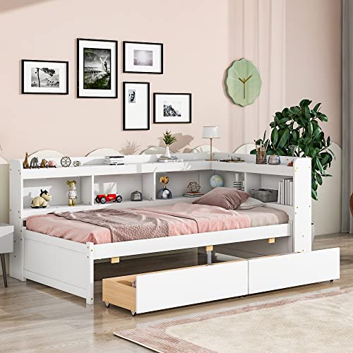 Wooden Full Size House Bed with Twin Trundle and Bookshelf, Kids Platform Bedframe with Roof&Storage Space, for Boys Girls Bedroom or Guest Room, White