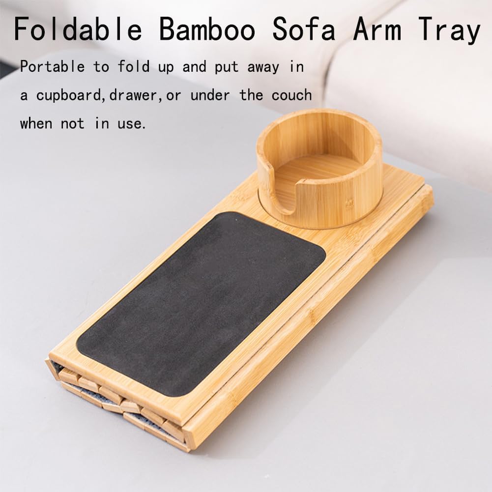Bamboo Sofa Arm Tray Table with Storage Bag, Couch Cup Holder with 360° Rotating Drink Holder, Foldable Couch Armrest Tray with Anti-Slip Design for Phone, Cups, Remote.