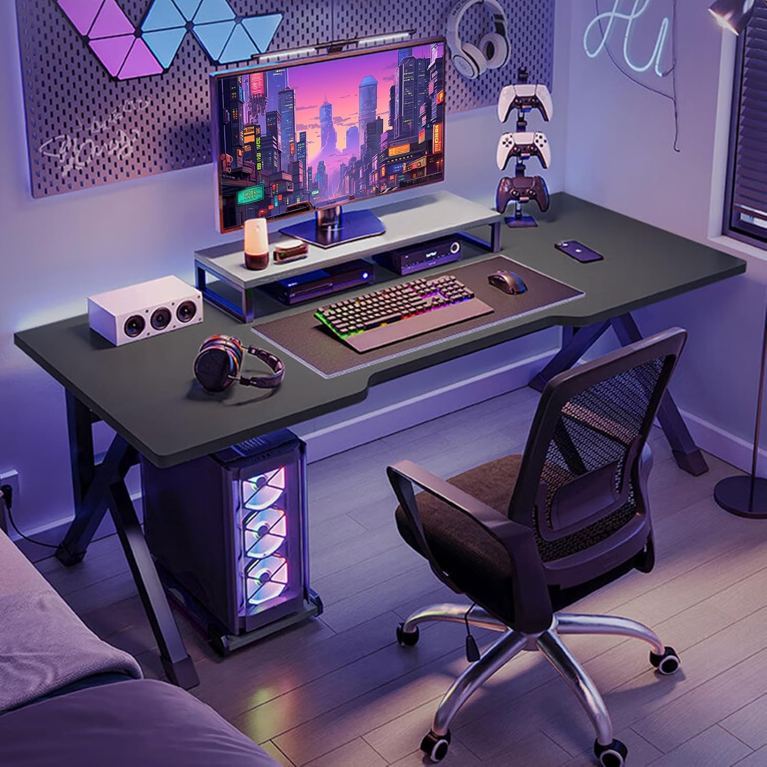 Computer Desk - 39” Gaming Desk, Modern Design K Shaped PC Tabletop Game Table with Cable Holes, Ergonomic Workstation Writing Desks Black for Home Office