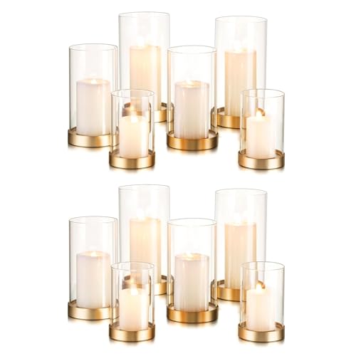Hewory Hurricane Candle Holder for Pillar Candles: Gold Votive Candle Holders Set of 6, Glass Hurricane with Metal Candle Plate, Pillar Candle Holder for Table Centerpiece Wedding Holiday Home Decor