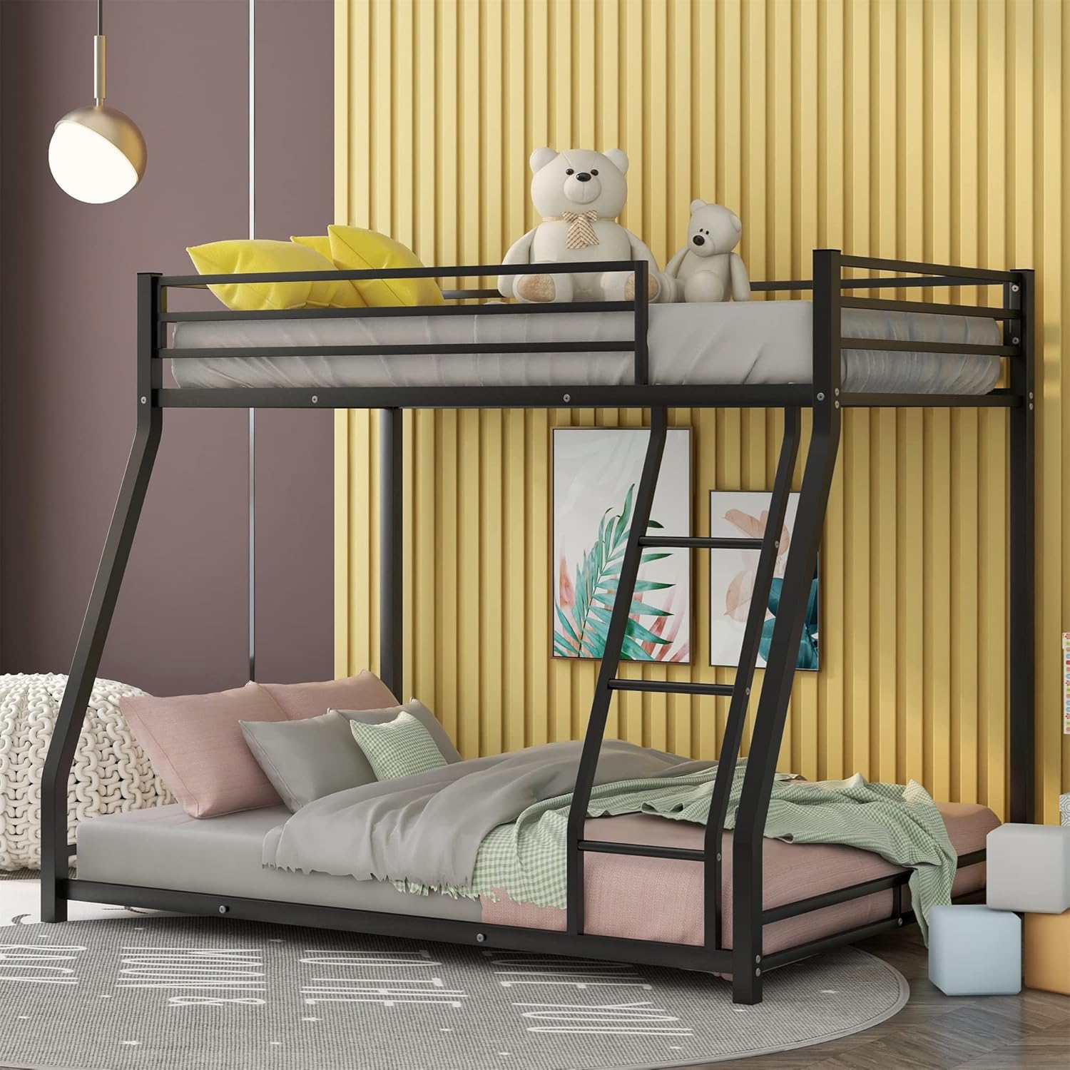 Harper & Bright Designs Low Bunk Beds Twin over Full Size, Metal Bunk Beds with Ladders and Guard Rail, No Box Spring Needed Black