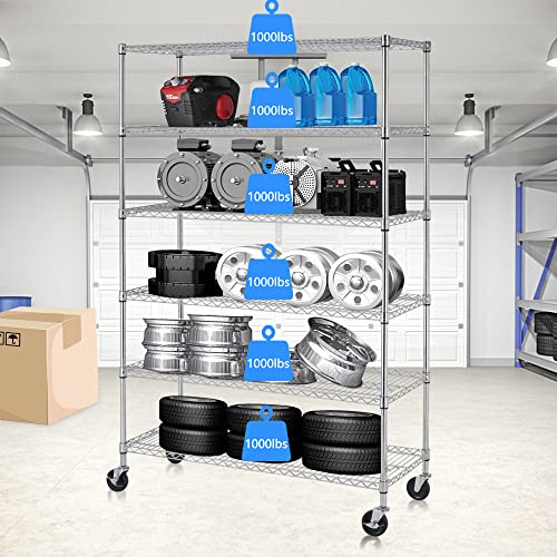 6 Tier Wire Shelving Unit 78''H x 48''W x 18''D Heavy Duty Shelving with Wheels NSF Metal Shelves for Storage Garage Shelves Heavy Duty 6000 Lbs Capacity Adjustable Wire Shelves Storage Rack (Black)