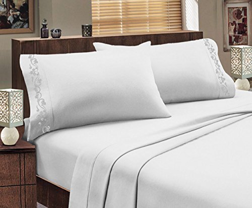 Italian Design 1800 Series Egyptian Comfort Super Soft Embroidery 4 Piece Sheet Set (Queen, White)