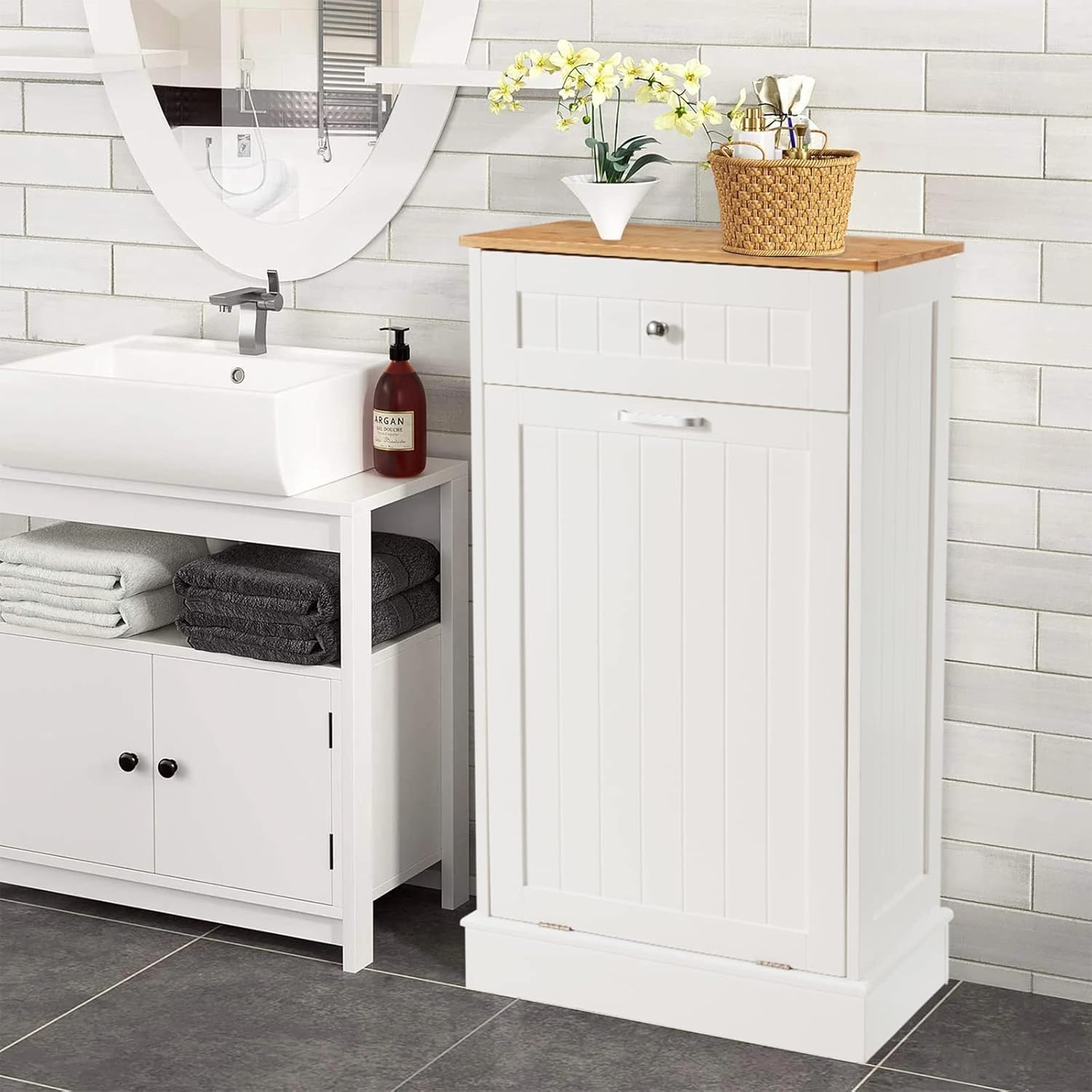 Tilt Out Trash Can Cabinet 10 Gallon, Kitchen Freestanding Wood Recycling Trash Cabinet with Drawer & Cutting Board, Pet Proof Hidden Garbage Bin Holder for Home Laundry Bathroom, White