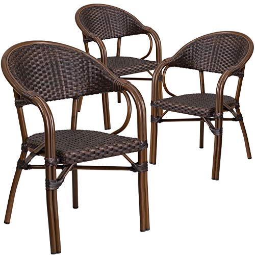 EMMA + OLIVER 3 Pack Cocoa Rattan Restaurant Patio Chair with Bamboo-Aluminum Frame