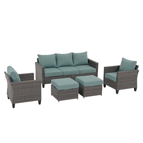 SUNSITT Outdoor Patio Furniture Set 5 Piece Wicker Conversation Set with Lift Coffee Table Sectional Dining Set 3 Seat Sofa Couch with Loveseat, Brown Wicker & Beige Cushion