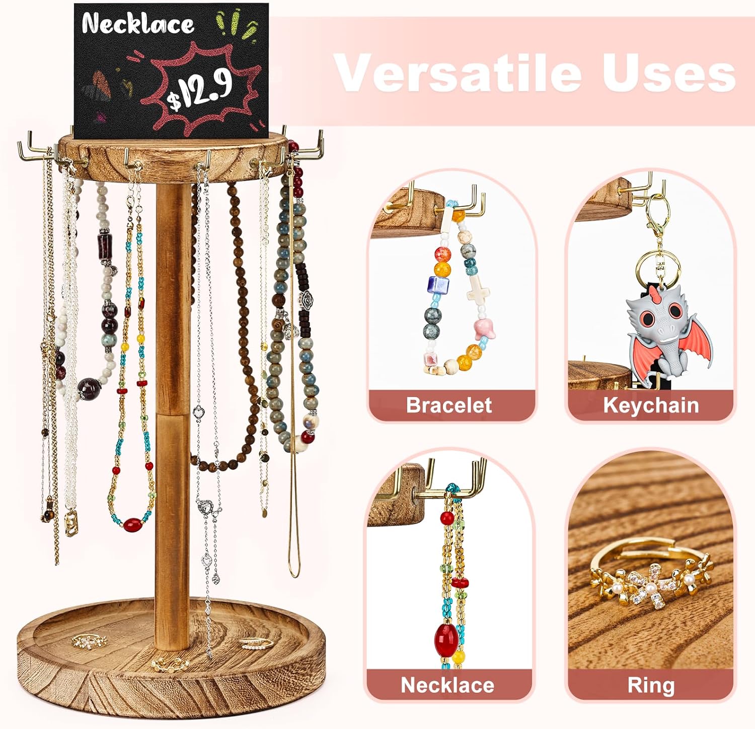 Necklace Holder, 1 Tier Wooden Organizer Stand, Rustic Jewelry Hanger Display for Bracelets, Keychains, Rings, Hair Accessories, 12 Hooks, 13-Inch Rack with Advertising Board - Unfinished