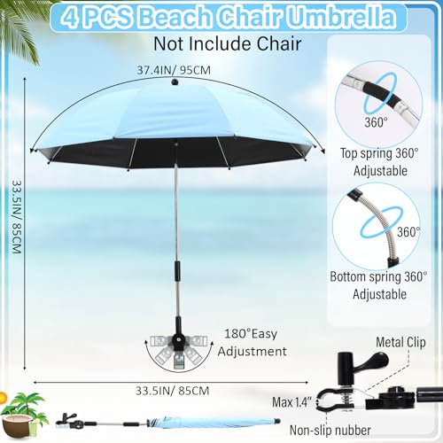 4 Pack Chair Umbrella with Clamp Universal Adjustable UV Protection Beach Umbrella Clip on Wheelchair Umbrella for Camping Chair Patio Chairs Stroller Golf Carts, Not Include Chair (Blue)