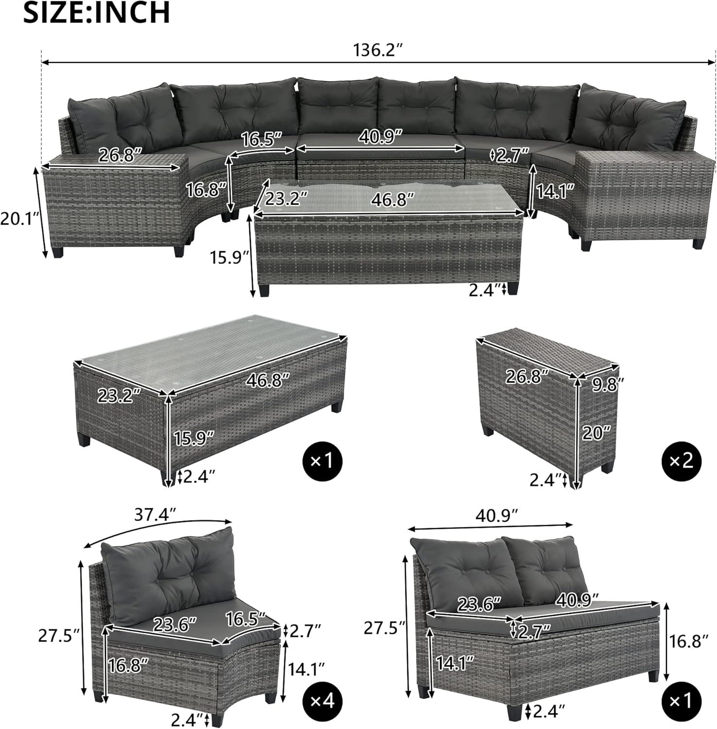 8-Piece Half Moon Outdoor Sectional Sofa Set, All-Weather PE Wicker Patio Curved Furniture with Rectangular Coffee, Side Tables and Movable Cushion, Water-Resistant UV Protected, Gray