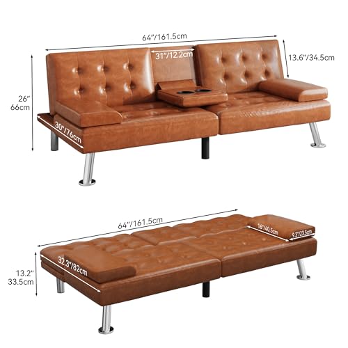 DWVO Futon Sofa Bed, Modern Folding Futon Set, Faux Leather Upholstered Modern Convertible Folding Futon Couch with Removable Armrests, Adjustable Loveseat with 2 Cup Holders for Living Room, Black