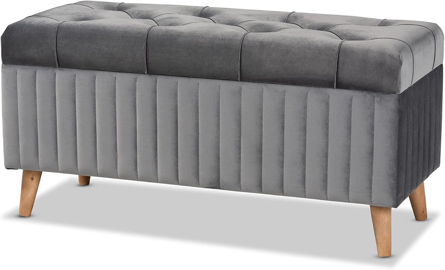 Baxton Studio Hanley Modern and Contemporary Grey Velvet Fabric Upholstered and Walnut Brown Finished Wood Storage Ottoman