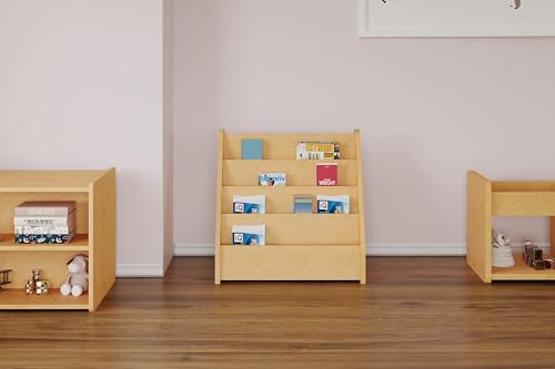 Kids Book Display, 4 Tier Wide Front Facing Bookshelf, Single-Sided Children's Wooden Book Rack for Classroom, Nursery, Playroom, Daycare Furniture, Maple 32 1/2