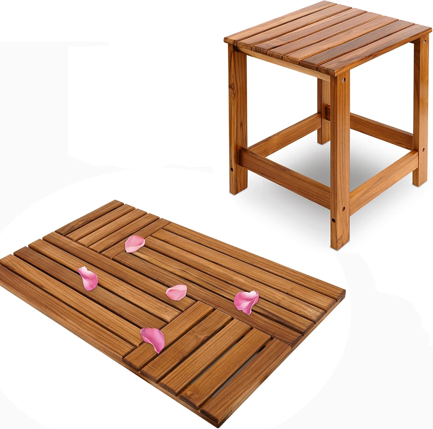 Utoplike Large Teak Wood Bath Mat(31.8 x 20 inch) and Teak Outdoor Side Table