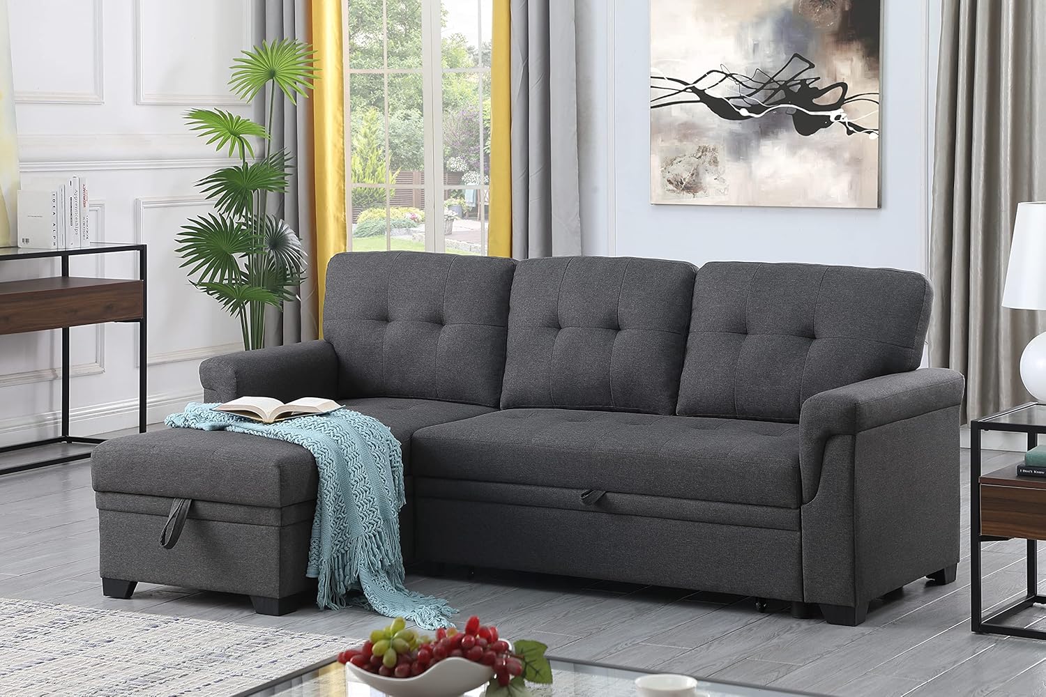 Modern L-Shaped Reversible Couch Upholstered Sectional Sofa with Storage Chaise Recliner, Pull Out Sleeper Bed, for Living Room, Apartment, Office, Dark Gray, 84 Inch