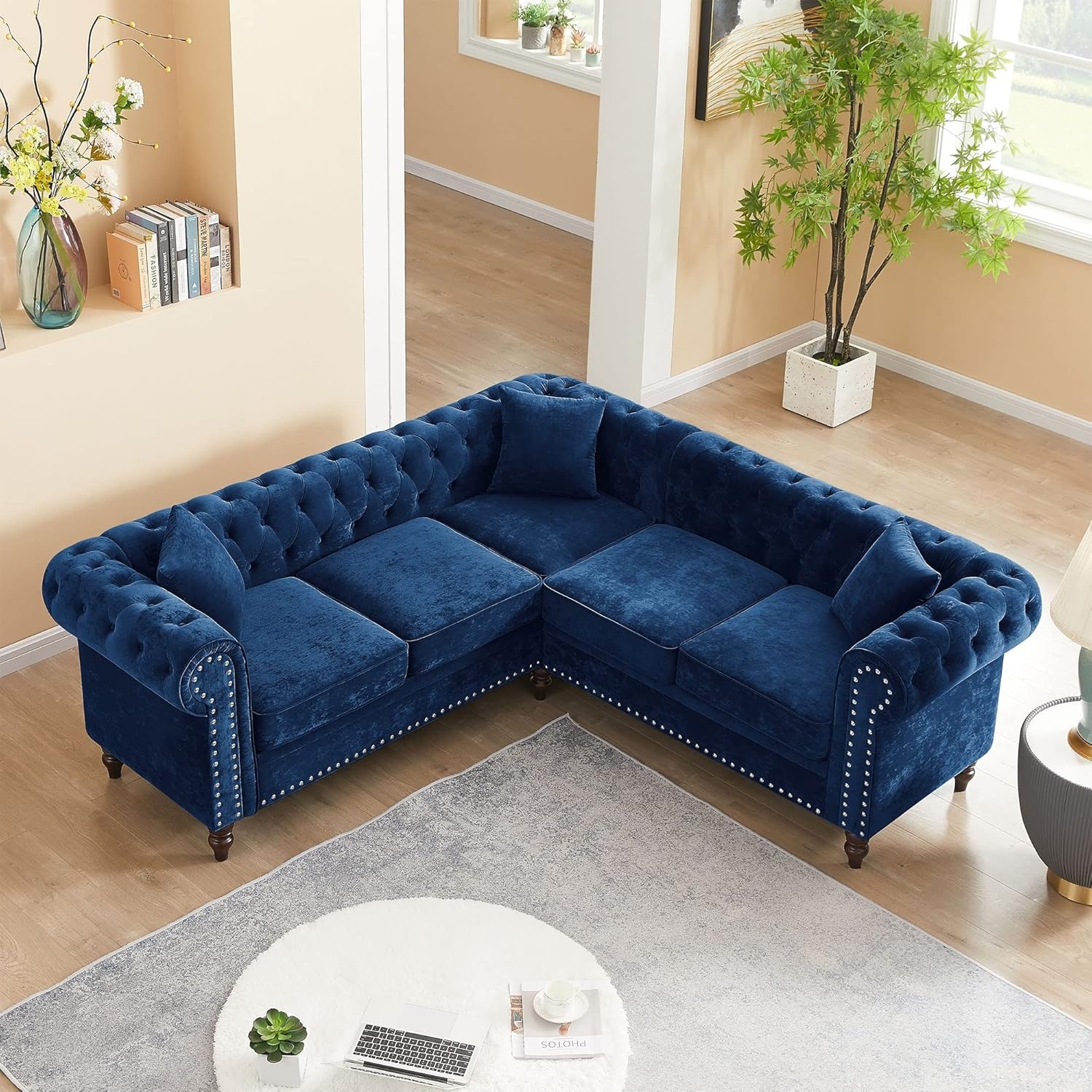 Blue Velvet Sectional Sofa L-Shape Button Tufted Corner Nailhead Rolled Arms Lounge Couch W/Pillows for Living Room Abstract Classic Modern Contemporary Solid Wood