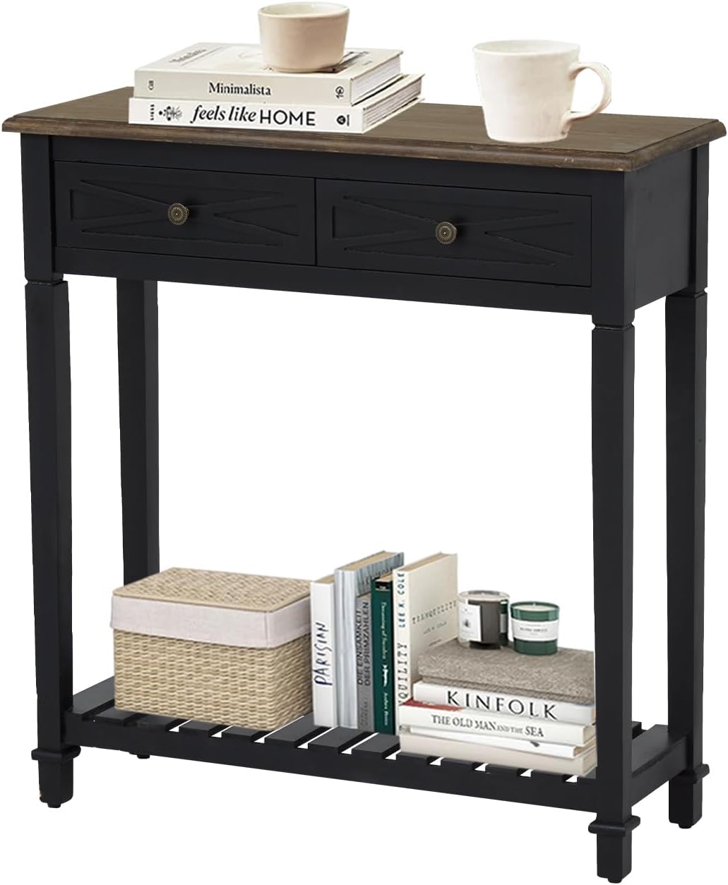 kinbor Narrow Console Table for Entryway - 2 Tier Sofa Table with Shelf & Drawers Wood Entryway Table Entrance Table for Hallway, Living Room, Foyer, Corridor, Office (Black)