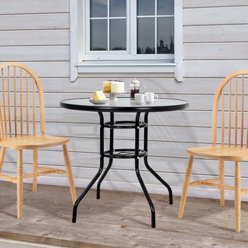Outdoor Patio Table with Umbrella Hole, 32 Inches Tempered Glass Top Square Patio Table,Conversation Coffee Table Metal Steel Frame All-Weather Furniture for Balcony, Backyard and Poolside