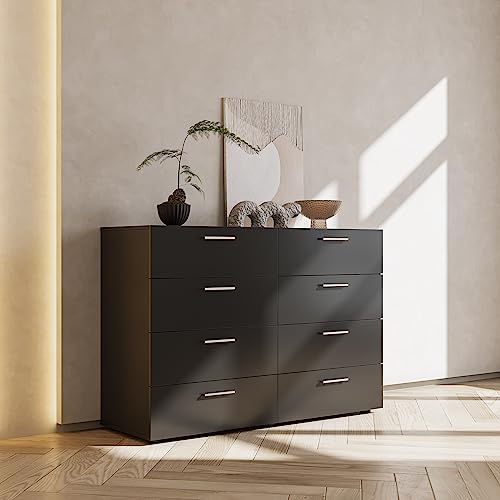 Goujxcy 8 Drawer Double Dresser for Bedroom, Modern Black 8 Drawers Chest Dresser with Metal Handle, Wooden Closet Wide Storage Cabinet for Living Room Bedroom Home Apartment Dorm