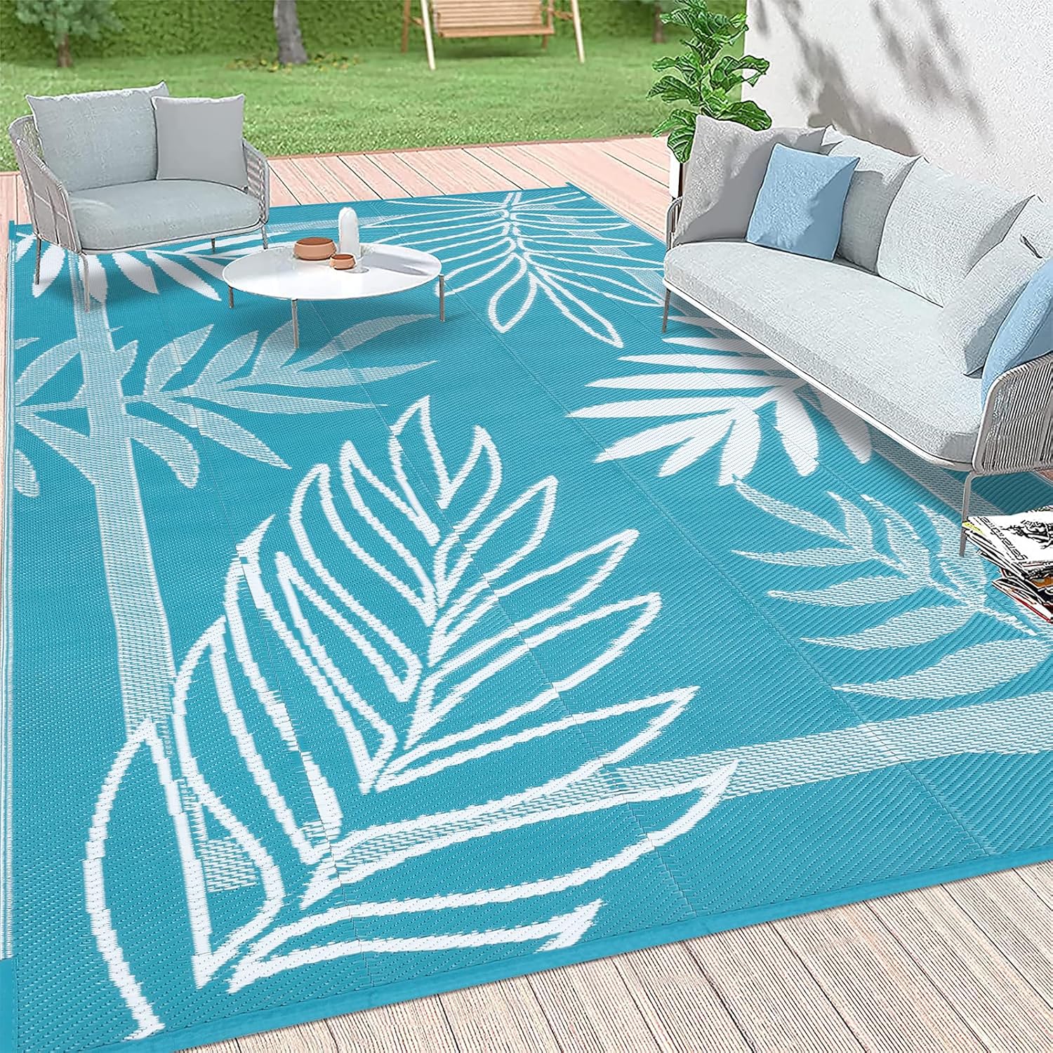Vaukki Reversible Boho Rugs, Plastic Straw Outdoor Mat, Outdoor Patio Mat, Lightweight Mandala Area Carpet for Patio, Deck, Camping, Beach, Dining Room, Backyard and Picnic (White and Teal, 6'x9')