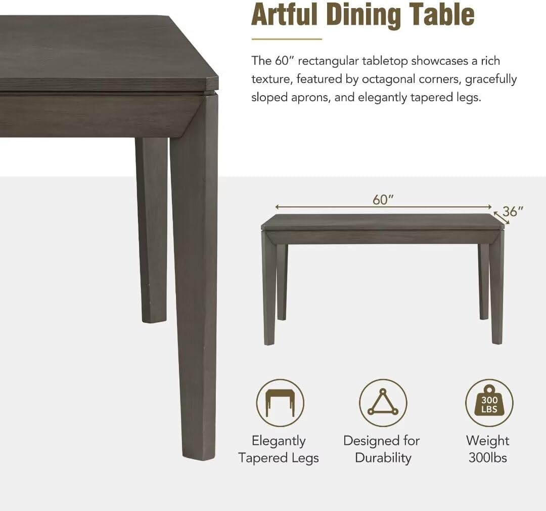 6-Piece Dining Table Set with Upholstered Dining Chairs and Bench,Farmhouse Style, Tapered Legs