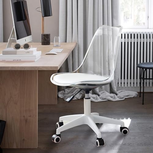 Acrylic Clear Desk Chair Modern Home Office Ghost Chairs with Wheels Cute Armless Rolling Vanity Plastic Chair with Adjustable Height, for Living Room, Bedroom, and Office (Black)