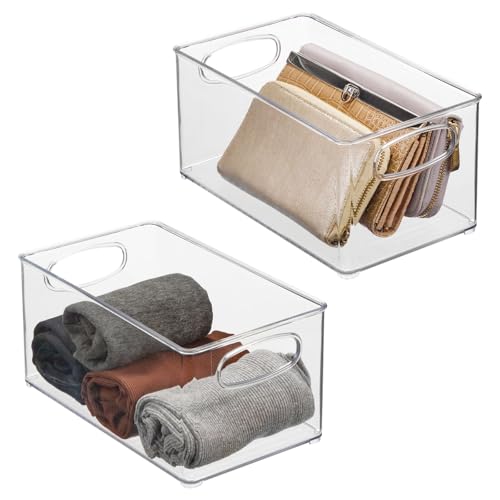 mDesign Plastic Home Closet Organizer - Basket Storage Holder Bin w/ Handles for Bedroom, Bathroom, Cabinet Shelves, Entryway, and Hallway - Holds Sweaters, Purses - Ligne Collection - 2 Pack - Clear
