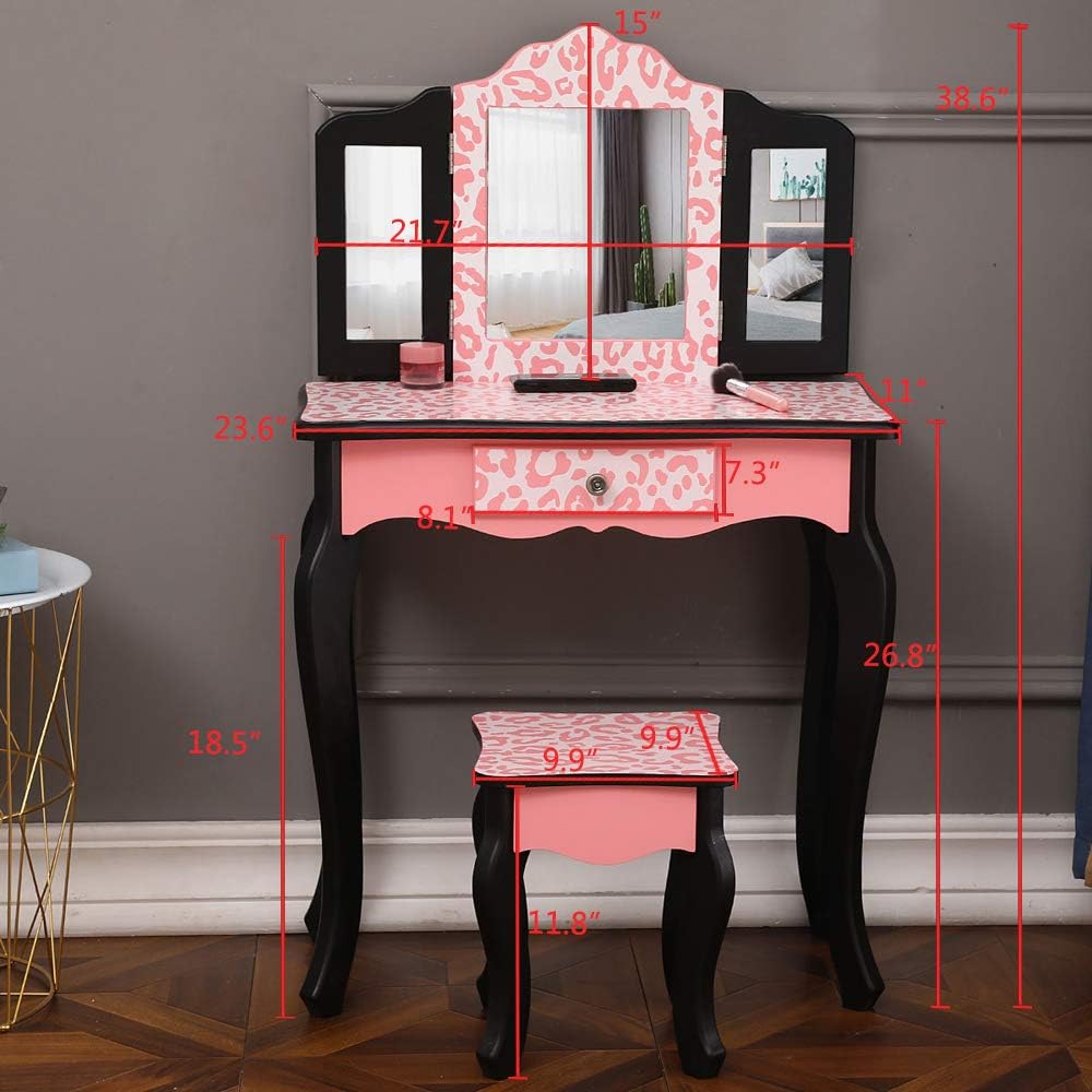 Kid Vanity Desk Set with Table and Chair, Wooden Play Small Makeup Vanity with Storage Drawer, Tri-Fold Mirror, Make Up Dressing Play for Fun Gift for Girls