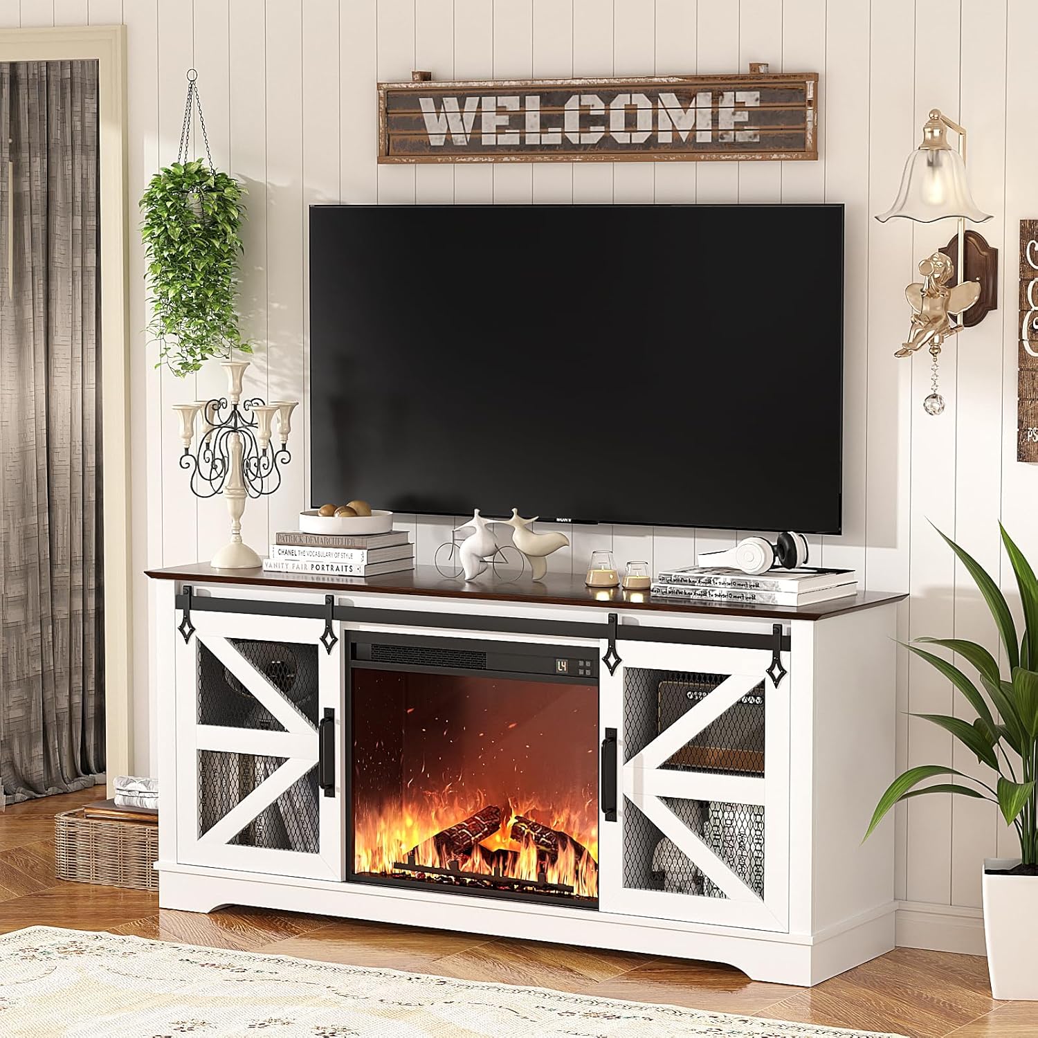 VOWNER Fireplace TV Stand for 65 Inch TV, Farmhouse Media Console Table with Electric Fireplace Heater & Sliding Barn Doors, Entertainment Center for Living Room, White