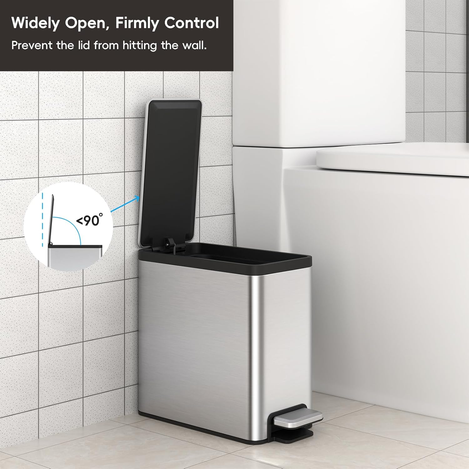 EKO Slim Small Bathroom Trash Can with Lid, Stainless Steel Kitchen Garbage Can with Removable Inner Bucket, 6L / 1.6 Gal 2 Pack Step On Trash Can Combo