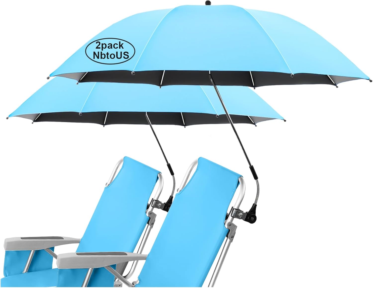 2 PACK Chair Umbrella with Clamp, UPF 50+ 360°Adjustable Beach Umbrella, Protable Clamp Umbrella for Beach Chair, Patio Chair, Golf Cart (Light Blue,Not Include Chair)