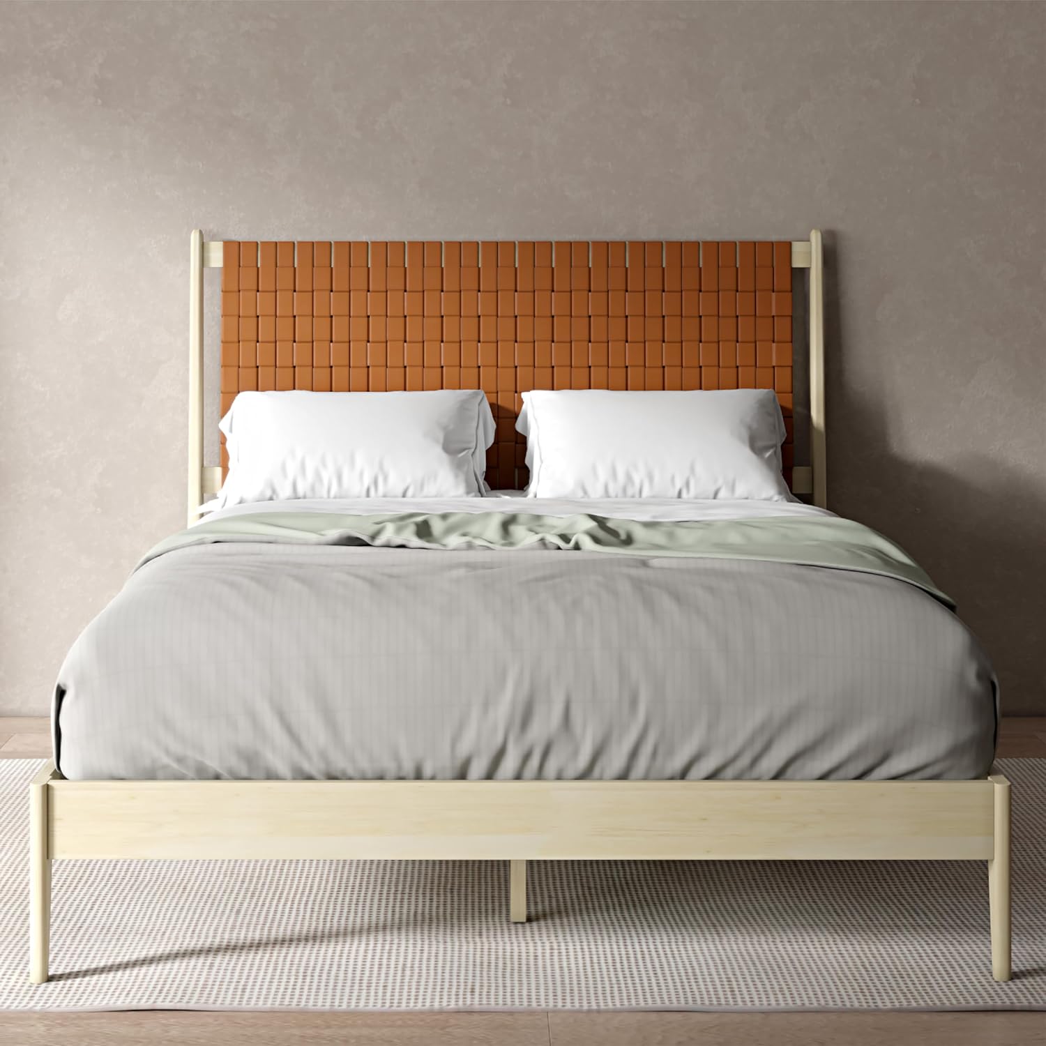 DG Casa Ethan Platform Queen Bed Frame – Mid-Century Modern, Scandinavian Style - Whitewash Solid Wood with Camel Woven Vegan Leather Headboard, Minimalist Bedroom Decor - No Box Spring Required