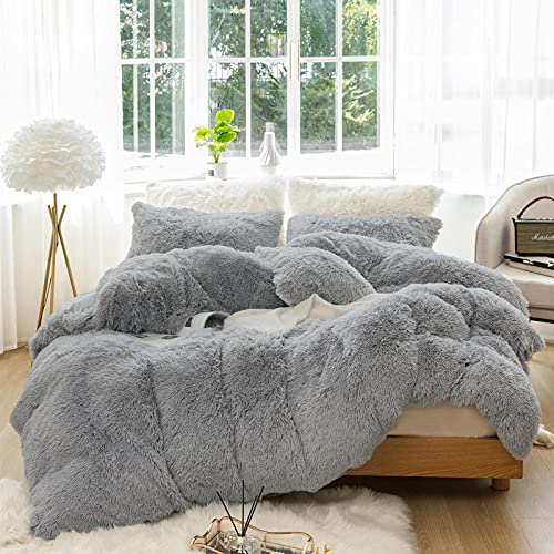 LUOYUAN Plush Shaggy Duvet Cover Set 3 Pieces Aesthetic Fluffy Comforter Cover Set Ultra Soft Crystal Velvet（1 Faux Fur Comforter Cover + 2 Faux Fur Pillowcases）,Zipper Closure(Queen，Light Grey)
