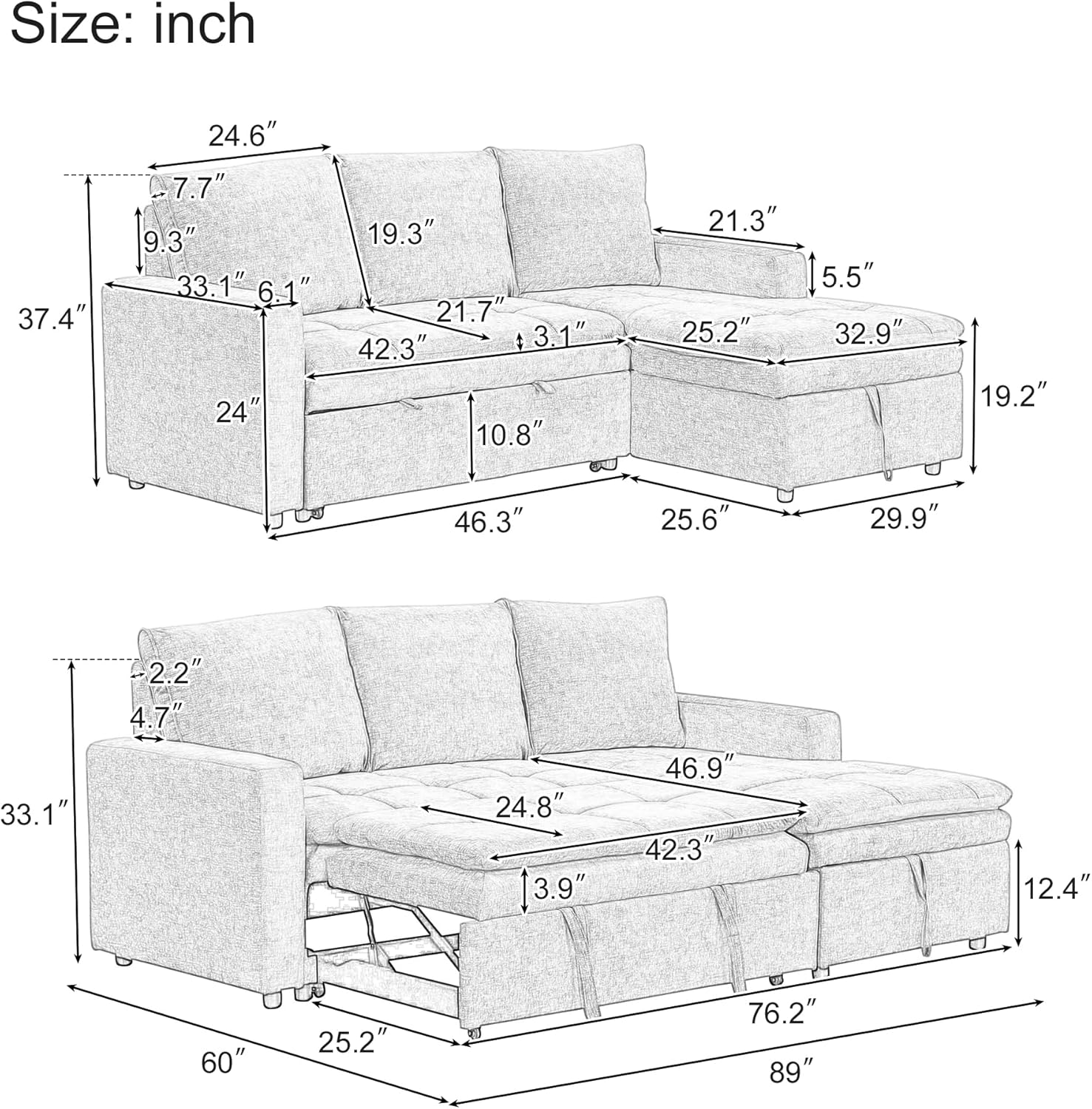 XD Designs Upholstered L-Shaped Sectional Sofa with Storage Chaise Longue, Convertible Sleeper Combo Couch, Pull Out Sofa Bed for Living Rooms Apartments (Blue-3)