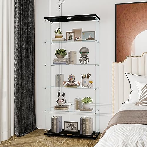 Dolonm Two-door Glass Display Cabinet 4 Shelves with Door,Black Floor Standing Curio Bookshelf