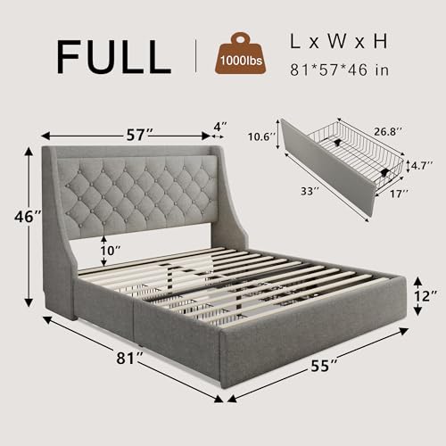 Upholstered Full Size Bed Frame with 4 Storage Drawers, Platform Bed Frame with Wingback Headboard, Charging Station, No Box Spring Needed, Beige