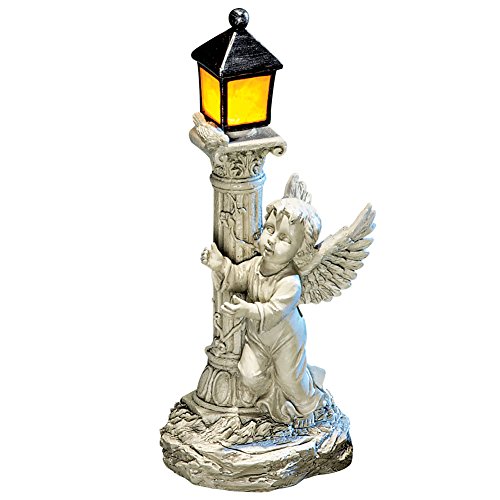 Collections Etc Solar Powered Light-up Lantern with Cherub Figurine - Intricate Carved Details in Cherub and Light Post Displays, Resin Material Safe for All Weather, Silver