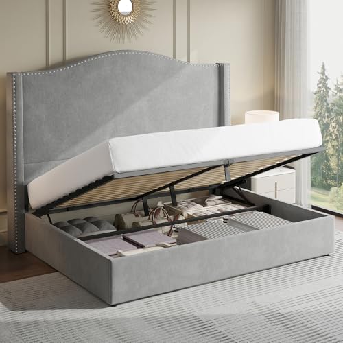 Jocisland Lift Up Storage Bed Queen Size, Upholstered Platform Bed Frame Tall Headboard Wingback, Hydraulic Lifting Underneath/Wood Slats Support (Black)