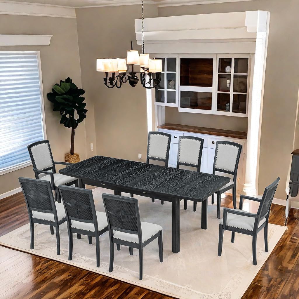 9 PCS Extendable Dining Table Set, Black+ Gray