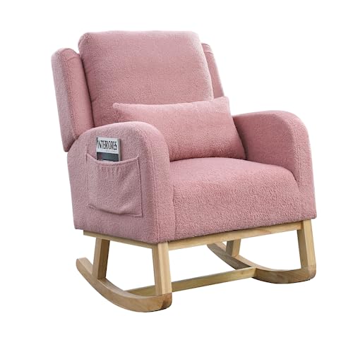 Modern Accent Glider Rocking Armchair, High Back Lounge Chair with Lumbar Pillow and 2 Side Pockets, Comfort Teddy Boucle Fabric， S-Spring Upholstered Rocker for Living Room (White Teddy)