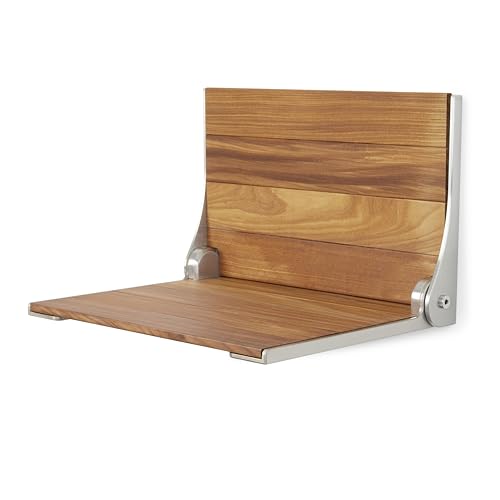Seachrome Silhouette Natural Teak Wood Wall Mount Folding Shower Seat Bench with Matte Black Frame