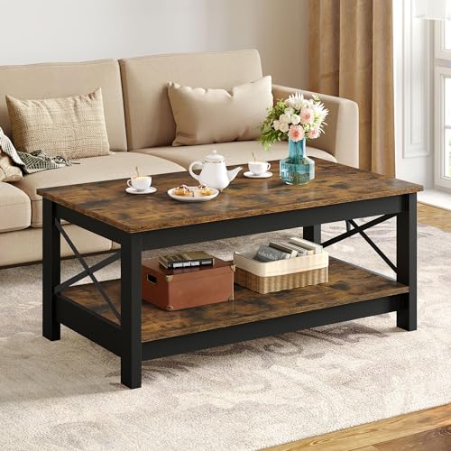 YITAHOME Coffee Table for Living Room,Modern Farmhouse Coffee Table with Storage,2-Tier Center Table for Living Room Wood Living Room Table Accent Cocktail with Sturdy Frame,Brown and Black