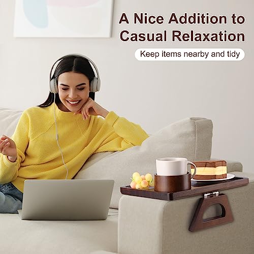 Sofa Arm Tray, Bamboo Couch Arm Table with Couch Cup Holder, Foldable Armrest Tray Clip on Wide Couches for Eating, Drinks, Snacks, Remote, No Installation (Black)