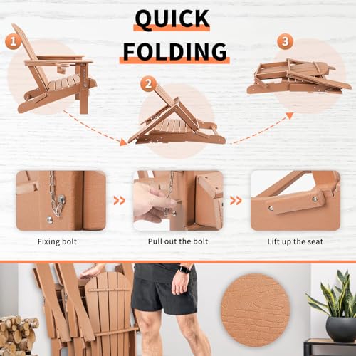 FUNBERRY Adirondack Chair,Plastic Adirondack Chairs,Wood Texture Fire Pit Chairs,Folding Adirondack Chairs,Composite Adirondack Chairs,Resin Adirondack Chairs with Cup Holder (Teak)
