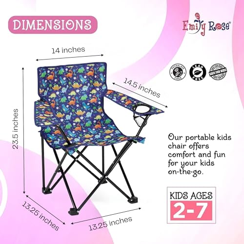 Emily Rose Kids Folding Chair | Beach Chair with Safety Lock- Camping Chair for Boyos Girls Toddler with Cup Holder & Carry Case- Tailgate, Travel, Lawn- for Indoor & Outdoor (Playful Dinosaurs)