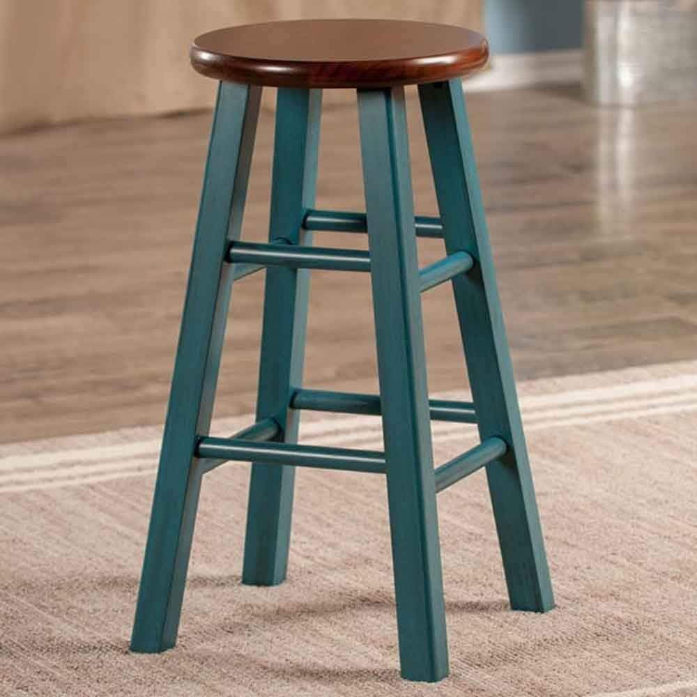Ivy Counter Stool, Rustic Teal and Walnut - Solid Wood Construction, Sturdy Square Legs, Antique Washed Finish, Smooth Round Seat, Fully Assembled - 24.2
