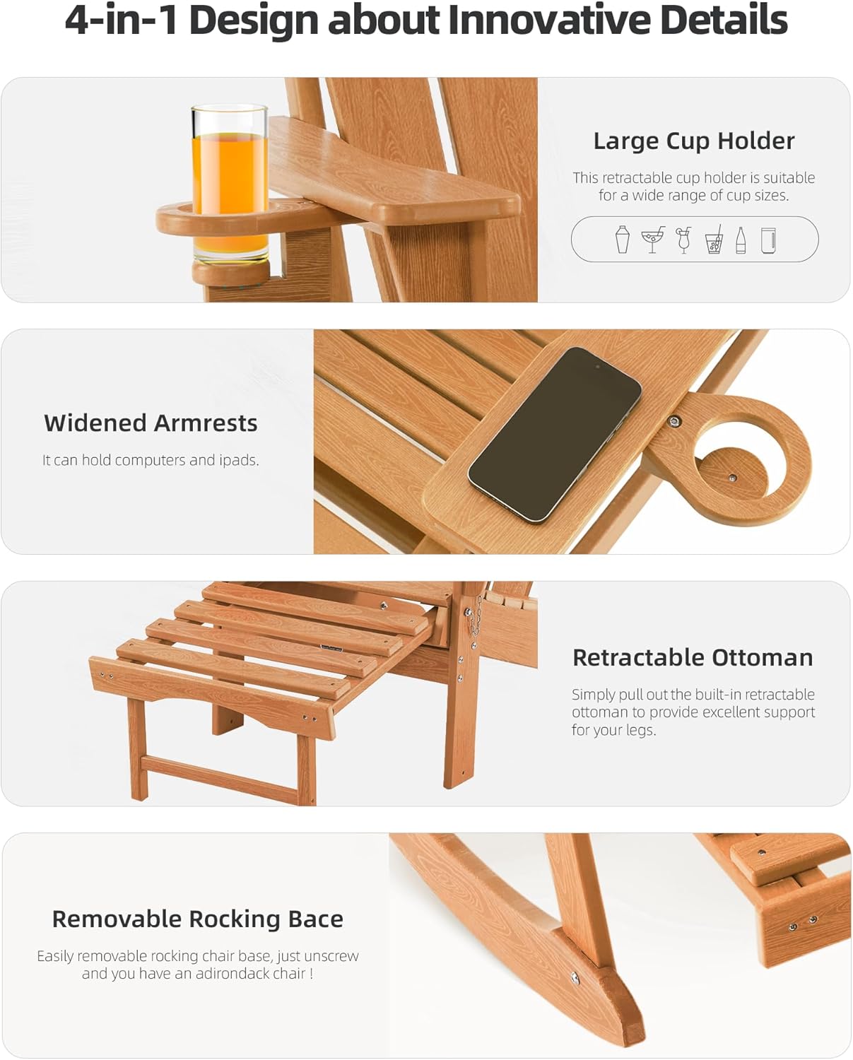 Folding Adirondack Rocking Chair, Patio Chair with Retractable Ottoman and Adirondack Chair Set Teak