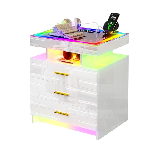 HNEBC RGB Nightstand with Auto lights, High Gloss Bedside Tables with Wireless Charging Station,Night Stand with 3 Drawers,Floating LED Nightstand with Adjustable Brightness/Side Table (Black)