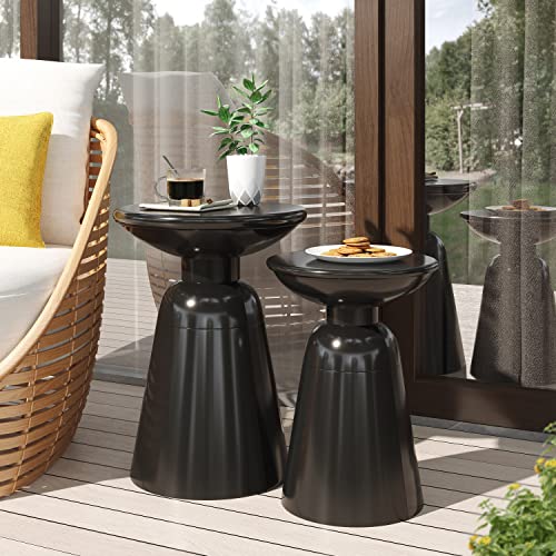Modern Outdoor End Table Set of 2 Round Design Metal Side Table Coffee Table Flared Design Bedside Table for Bedroom Living Room Patio Backyard Terrace Poolside (Black)